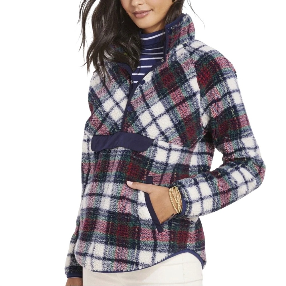 Vineyard Vines Women Plaid Sherpa Fleece Pullover Jacket Blue Red White M